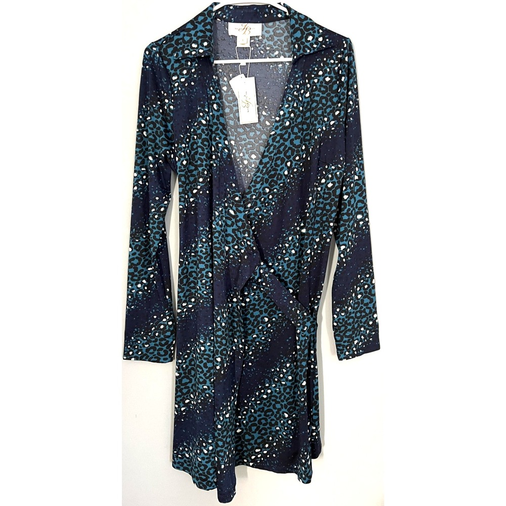 JB by Julie Brown Dress Womens Large Blue Teal Wrap Leopard Print Long Sleeve